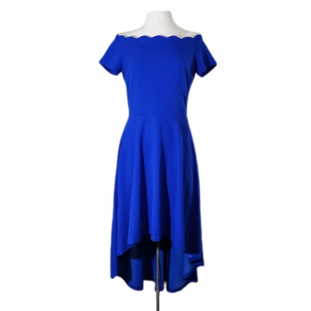 Aonour Dress A-Line Scalloped Neckline Off Shoulder Hi - Lo Blue Size M